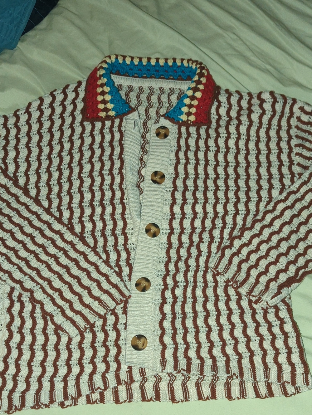 Womens Cream and Brown Striped Knit Button-Up Sweater with Color-Block Collar